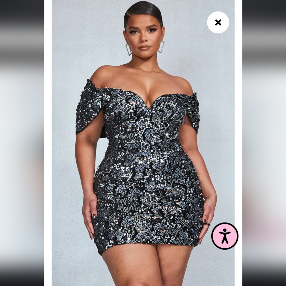 Black and Silver Bodycon Dress with Puff Sleeves and Sweetheart Neckline